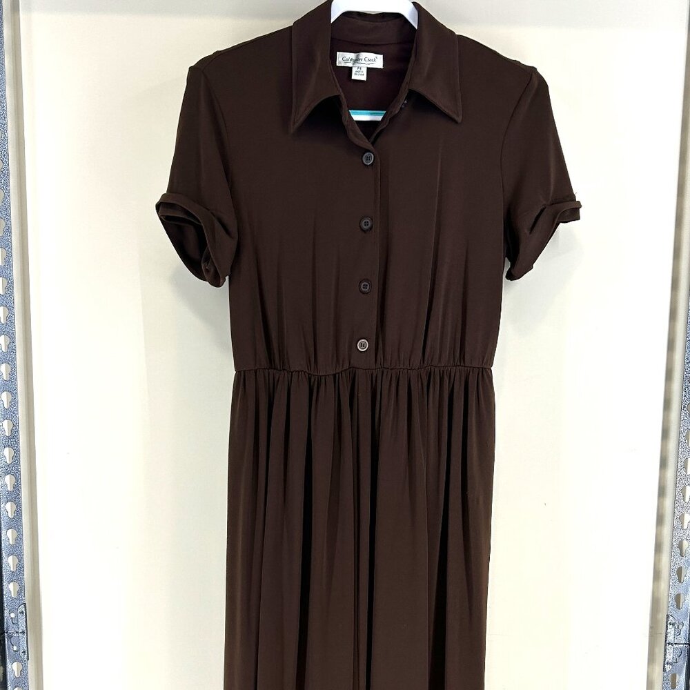 Flattering Aline full skirt choc brown easy care jersey dress Coldwater Creek 8p